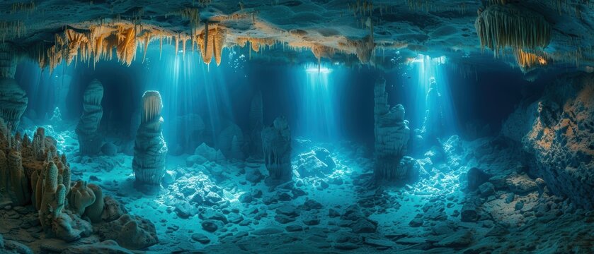 Mystical Underwater Cave with Stalactites and Stalagmites