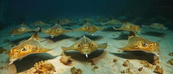 Underwater Scene of Group of Rays Feeding on Sandy Bottom