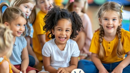 Teacher helping a group of young students understand different feelings through interactive activities, highlighting their curiosity and the supportive learning environment. Copy space for text