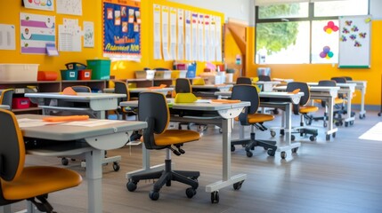 A classroom with adjustable desks and ergonomic chairs for handicapped students, with a focus on accessibility and comfort. The space is bright and welcoming, with educational materials displayed