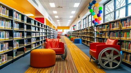 A school library with accessible shelving and reading areas designed for handicapped students. The environment is quiet and inviting, with ample space for maneuverability and comfortable seating.