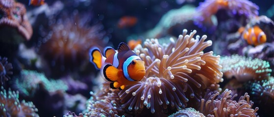 Obraz premium Underwater Harmony: Sea Anemone Hosting Clownfish and Shrimp