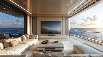 Luxury Yacht Interior A view from the living room with a large TV a couch and a coffee table overlooking the ocean with a sunset in the background