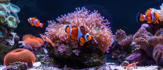 Fototapeta premium Underwater Harmony: Colorful Sea Anemone Hosting Clownfish and Shrimp