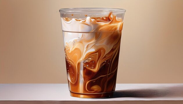 A refreshing iced coffee with swirls of milk blending into the deep brown coffee in a transparent plastic cup on a table with a beige background.