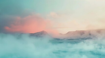 Naklejka premium foggy beach with rock mountain beside landscape illustration