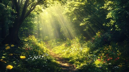 Fototapeta premium Sunbeams pour through a verdant forest, lighting up the lush plants and wildflowers along a winding path, creating a peaceful and inviting scene.