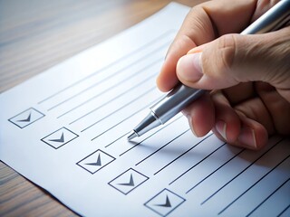 Checklist completed, task done on time, project finished, approval concept, businessman ticks off checklist on clipboard against white background.