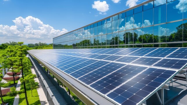 - Solar panels on the roof of a sleek, modern office building with reflective glass windows, showing the integration of solar technology into contemporary commercial architecture