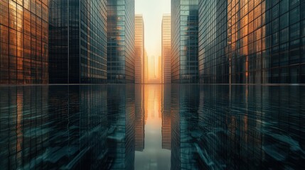 Obraz premium futuristic cityscape featuring tall, reflective glass buildings surrounding a calm, mirrored surface reflecting the sunset. The scene highlights modern architecture and urban serenity