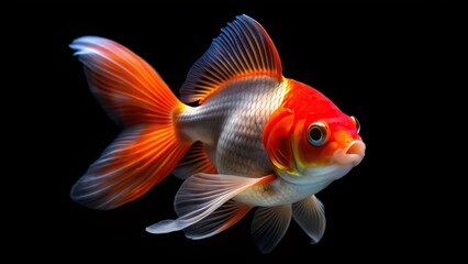 Red Cap Oranda Goldfish isolated on black background with a shallow depth of field, swimming,red cap, scales, close-up, fins, vibrant, underwater, fish tank, black background, oranda