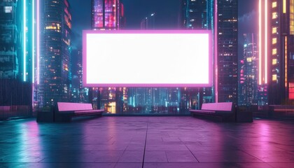 Neon-Lit Cityscape with Blank Billboard and Benches