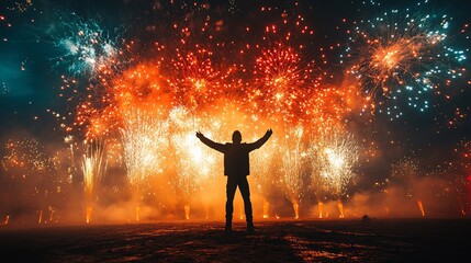 A silhouette of a man doing an impressive rocket trick, with vibrant New Year's fireworks creating a dramatic backdrop against a dark sky