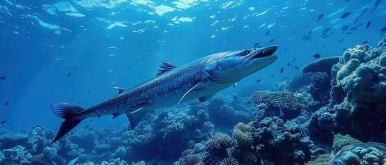 Fototapeta premium Barracuda Patrolling the Vibrant Reef in Search of Prey