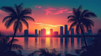 Obraz premium tropical city skyline at sunset, with palm trees framing the glowing pink and orange sky, evoking warmth and the allure of a vibrant coastal destination.