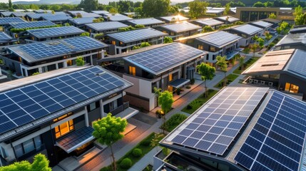 - A modern residential complex with solar panels on every rooftop, emphasizing the role of renewable energy in new housing developments and urban planning