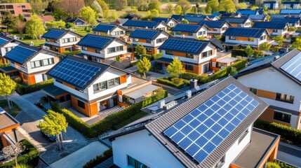- A modern residential complex with solar panels on every rooftop, emphasizing the role of renewable energy in new housing developments and urban planning