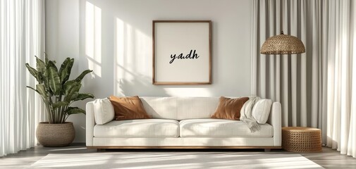 Sunlit Minimalist Living Room with Yadh Framed Art White Sofa and Woven Accents