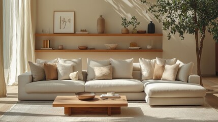Sunlit Sectional A Low Perspective View of a Beige Sectional Sofa with Wooden Shelves and a Coffee Table in a Minimalist Interior