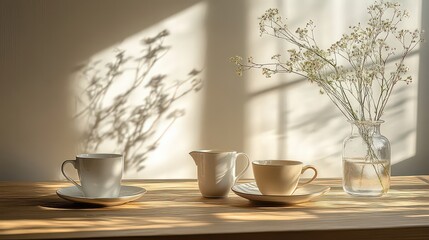 Fototapeta premium Sunlight filters through a window onto a cozy table set with tea cups and dried flowers, evoking a warm, peaceful morning atmosphere.