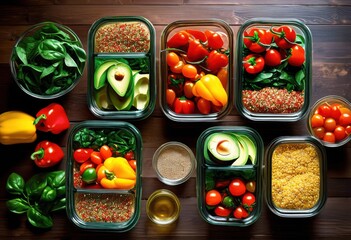 colorful allergy friendly meal prep display featuring fresh ingredients beautifully arranged dishes healthy eating, vibrant, arrangement, vegetables, fruits