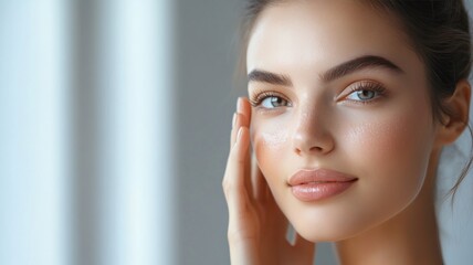 Chic White woman applying rejuvenating face serum with sophisticated soft gray backdrop