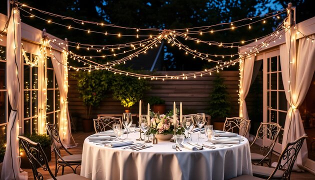 table c&eacute;l&eacute;bration mariage f&ecirc;te nappe blanche bougies d&eacute;coration ext&eacute;rieur chaise assiette arbre tente guirlande lumineuse ciel fleur