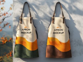 Two Apron Mockups Hanging on a White Wall with a Blurred Fall Foliage Background