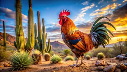 Fototapeta premium A majestic rooster stands proudly in a desert landscape surrounded by towering cacti at eye level with the viewer creating a striking and unique image, wildlife, Southwest, wild