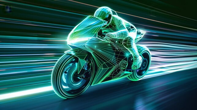 Digital high-speed green motorbike racing  in low poly wireframe design,  advanced transportation and racing technologies, samrt efficiency and safety during high-speed maneuvers, railway track.
