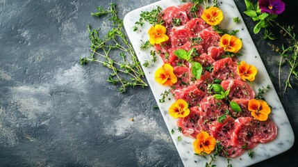 elevate your event with gourmet catering options beautifully displayed on a marble platter adorned with fresh herbs and edible flowers for a sophisticated touch