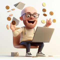 Clip art, image of a man, 3D cartoon character in huge glasses, sitting with a laptop, falling coins