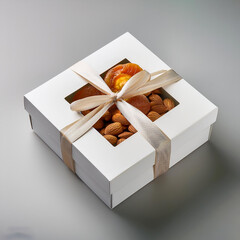 a box of nuts with a ribbon tied around the top