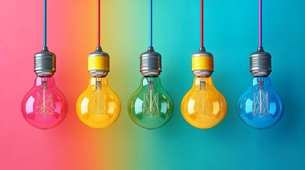 Illuminating Diversity: Realistic multiple lightbulbs hanging from colorful cords symbolizing different ideas and creativity.