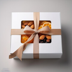 a box of nuts with a ribbon tied around the top