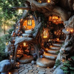 Fototapeta premium Enchanted Hideaway: Whimsical Treehouse with Glowing Orbs and Magical Objects