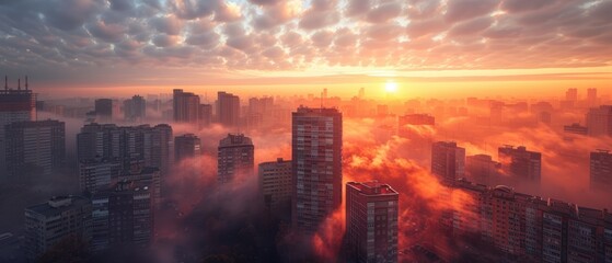 Fototapeta premium Serene Cityscape: Dawn's Foggy Embrace