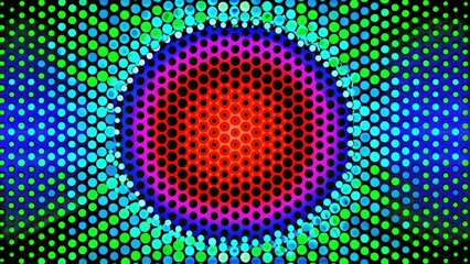 A vibrant, abstract circular pattern with multicolored dots.