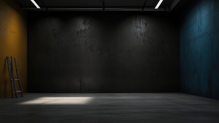 Free Photo Empty Dark white Studio Background and black Floor Concrete perspective with blue soft light well editing Floor Display product and text present on Wall Room