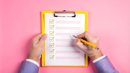 Checklist completed, task done on time, project finished, approval concept, businessman ticks off checklist on clipboard against white background.