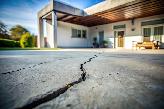 Crack in cement floor caused by shrinkage of house from a low angle view, deterioration, view, foundation, decay, problem, cement, construction, building, interior, gap, indoor