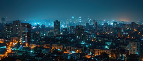 Futuristic Cityscape: Blend of Traditional and Contemporary Architecture Illuminated at Night