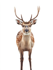 Fototapeta premium Deer in Full-Body Close-Up – Stunning Wildlife Photography of a Spotted Deer with Antlers Against White Background for Nature, Wildlife, and Animal