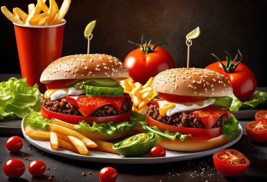 exciting showdown fast food home cooked meals highlighting colorful vibrant unique plating techniques, appetizers, burgers, cuisine, desserts, dining