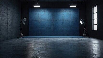 Free Photo Empty Dark white Studio Background and black Floor Concrete perspective with blue soft light well editing Floor Display product and text present on Wall Room