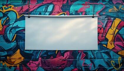 Obraz premium Blank Canvas Hanging on a Colorful Graffiti Brick Wall