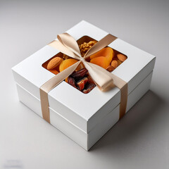 a box of nuts with a ribbon tied around the top