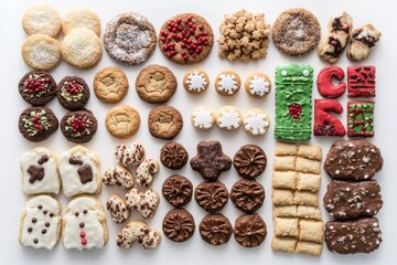 a variety of christmas cookies, including sugar cookies, gingerbread men, and snickerdoodles, arranged artfully on a white background