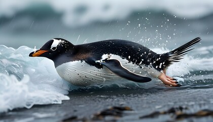 Gentoo penguins gracefully diving amidst towering waves along the stunning coast of the Falkland Islands