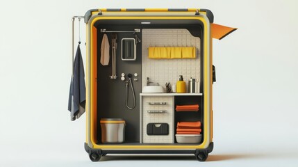 Compact, portable outdoor washing station with built-in storage, orange trim, and essential utilities for outdoor activities.